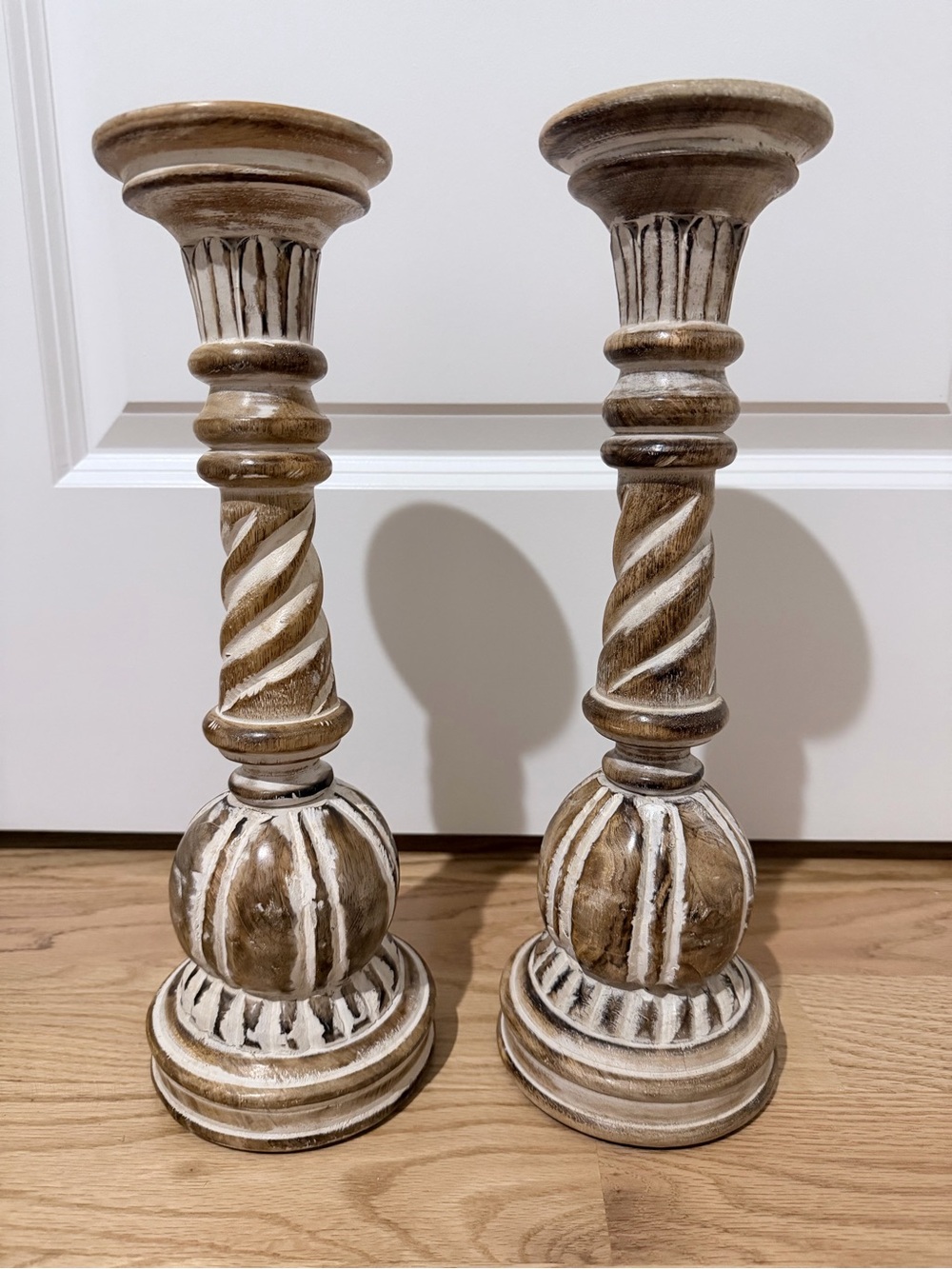 Source Unknown Brown and White Carved Wood Candle Holders - Pair